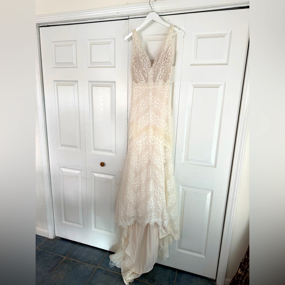 Lillian West Crocheted Lace Wedding Dress, Size 6, Style 66049, Sand/Ivory/Nude